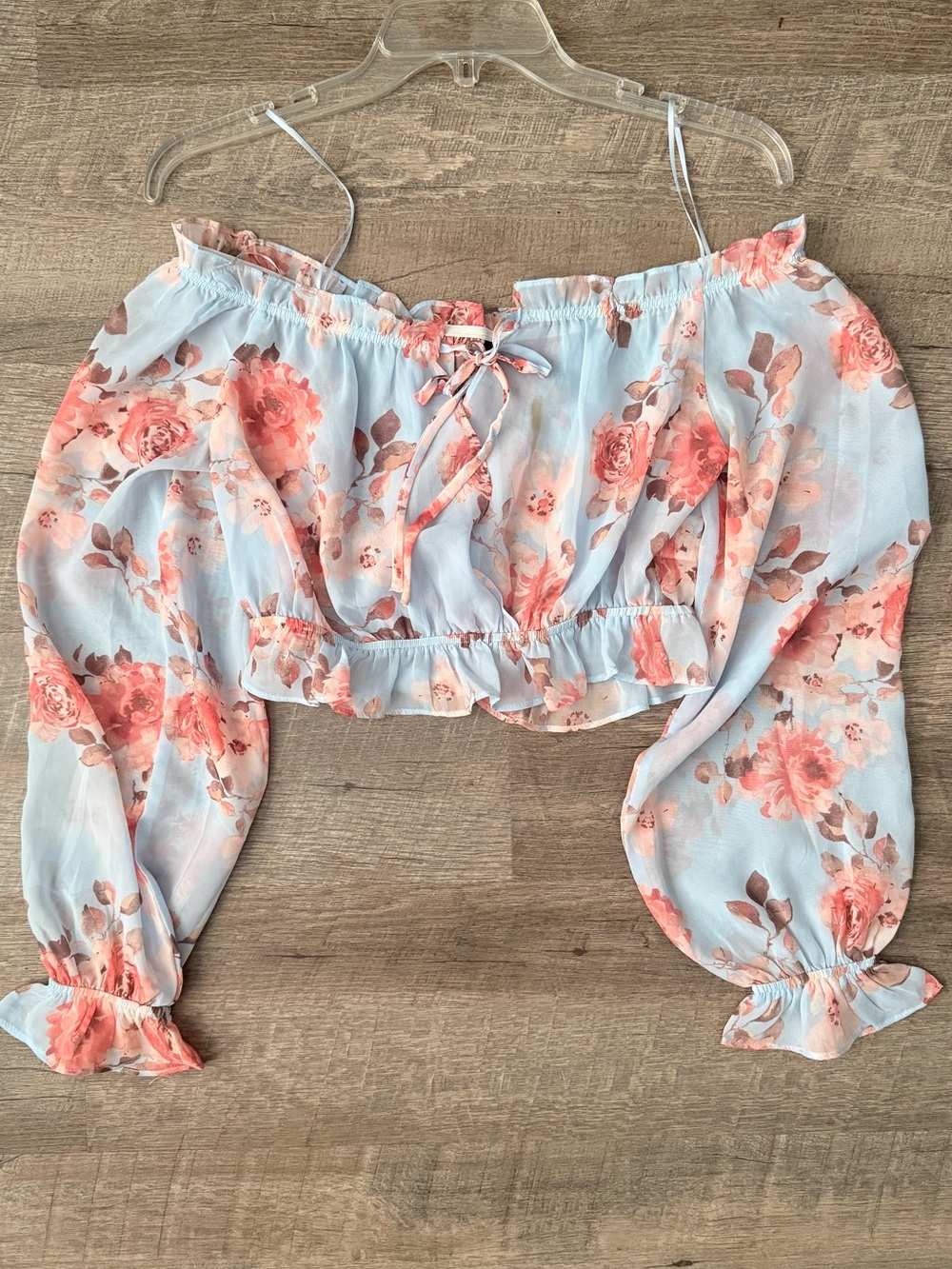 Windsor Light Blue Floral Off-Shoulder Crop Top with Pink Roses